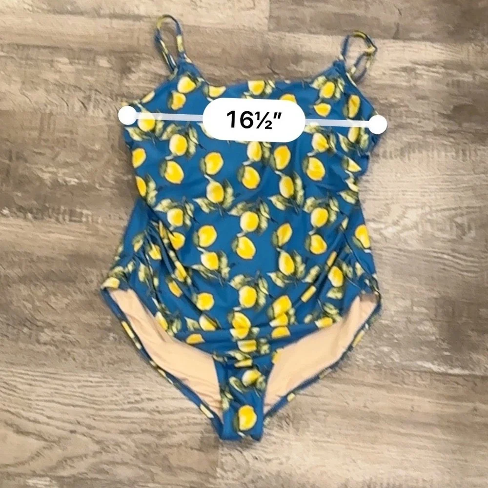 Carole Hochman Blue Lemon Print One Piece Swimsuit Ruched XXL‎ 14 Womens